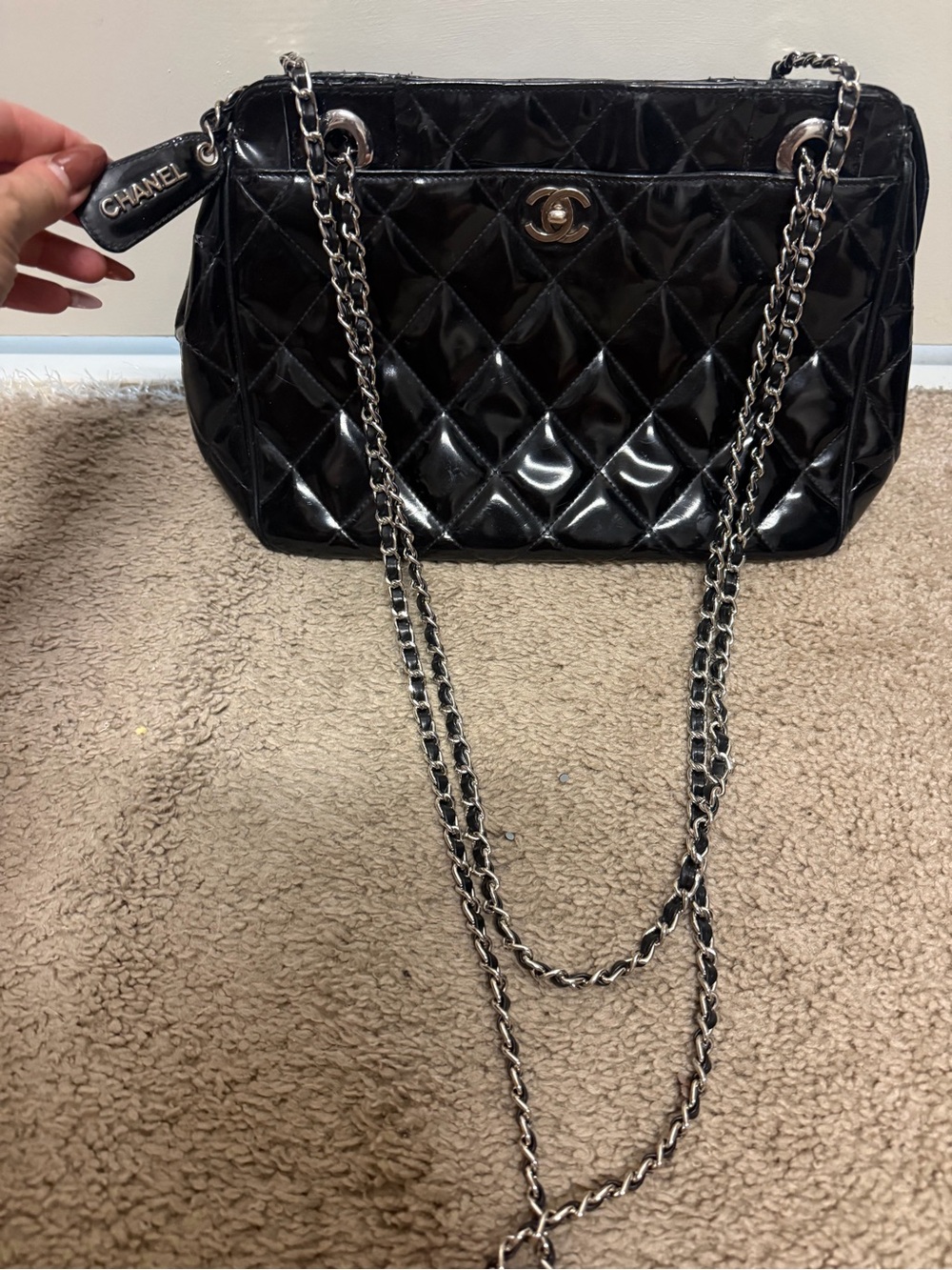 CHANEL Black Quilted Patent Leather Crossbody with Chain Strap